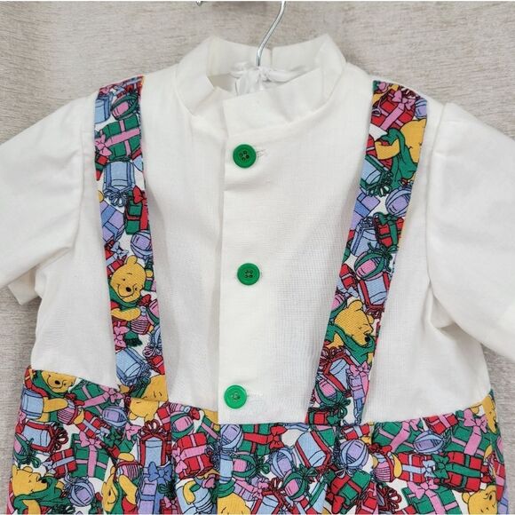 Vintage Handmade Bubble Romper with Faux Suspenders Winnie The Pooh Christmas - Picture 2 of 8